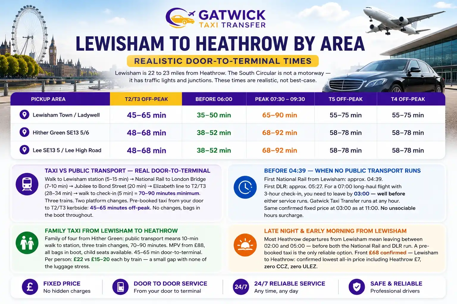 Taxi from Lewisham, Hither Green, Ladywell to Heathrow Airport — Gatwick Taxi Transfer ULEZ-exempt fixed price