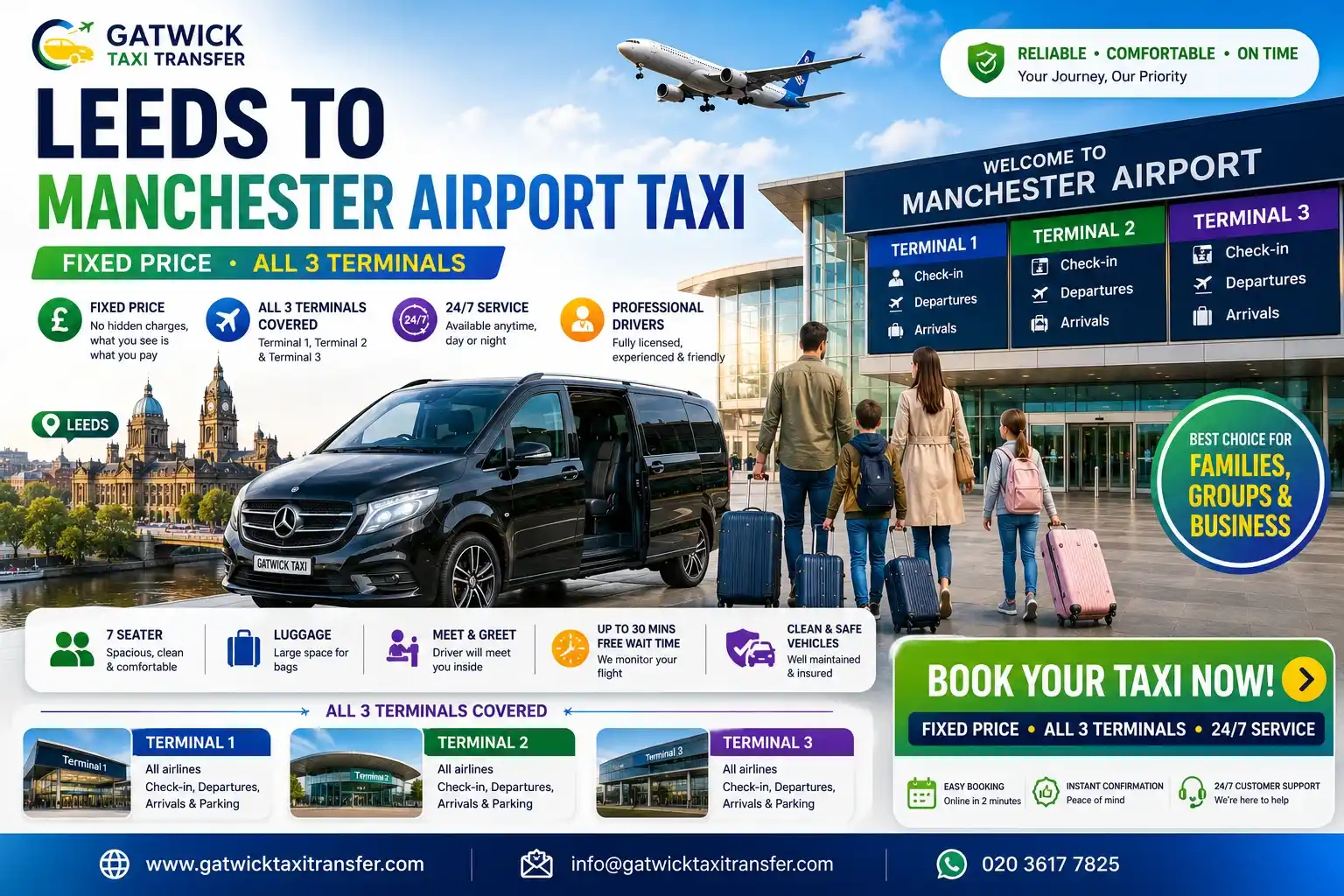 Leeds to Manchester Airport Taxi — Fixed Price, All Terminals