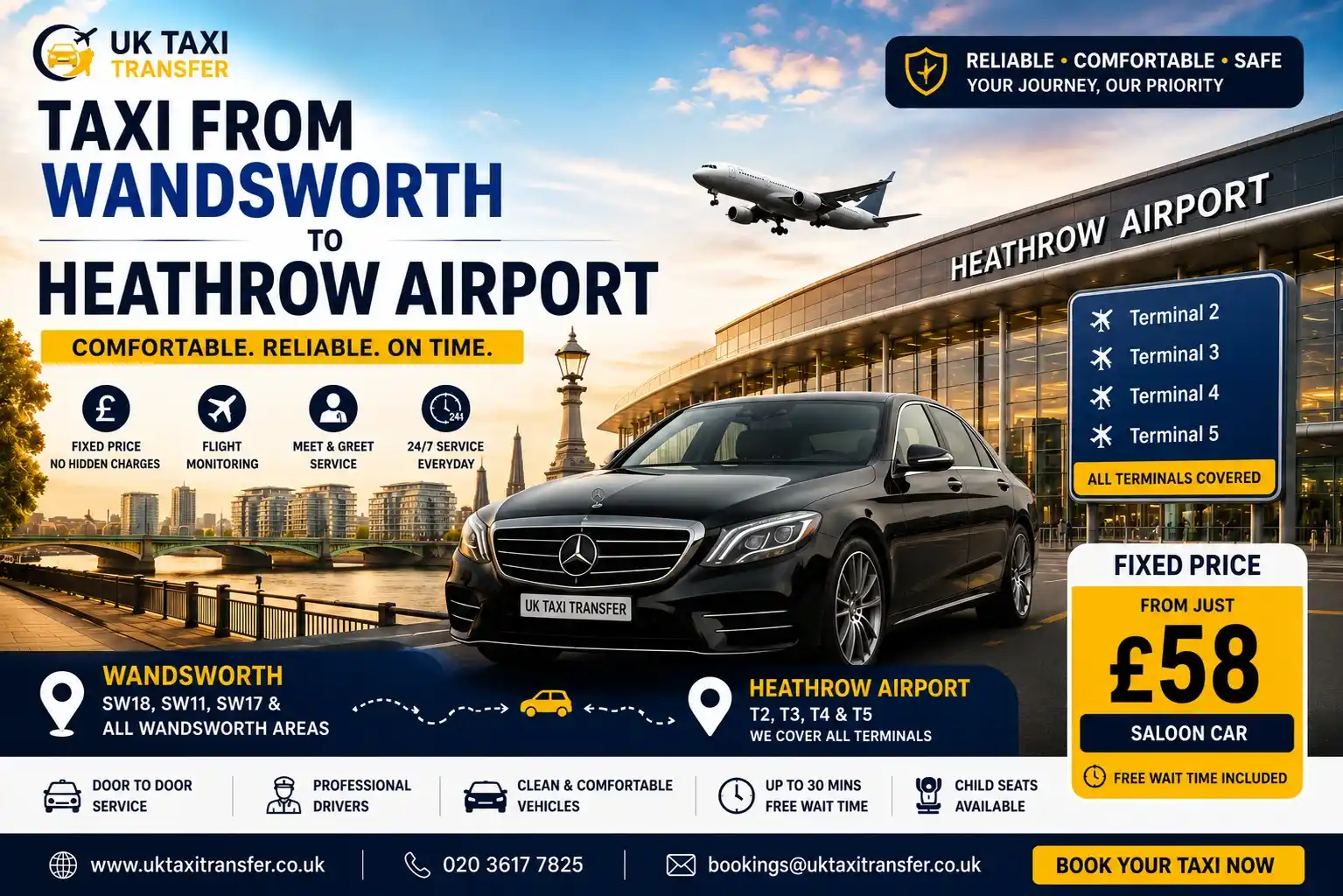 Taxi from Wandsworth SW18 to Heathrow Airport — A3 A316 M4 route, fixed price from £58, ULEZ-exempt, Heathrow £7 included