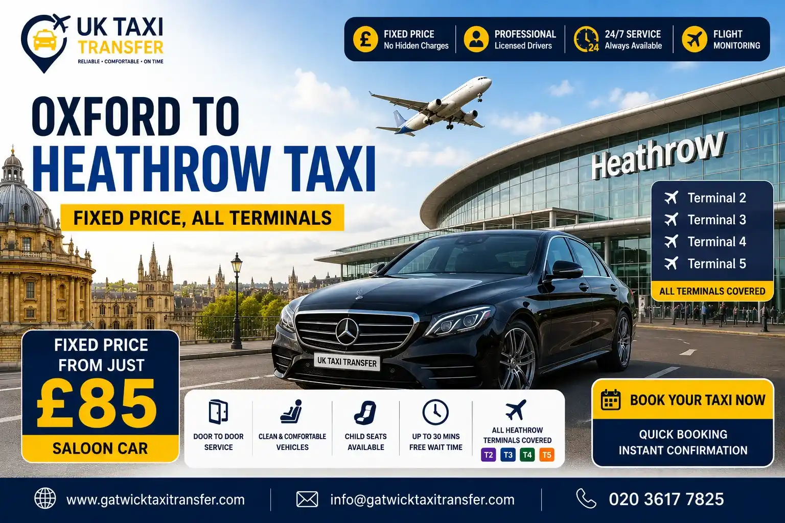 Oxford to Heathrow Taxi — Fixed Price, £7 Drop-Off Included