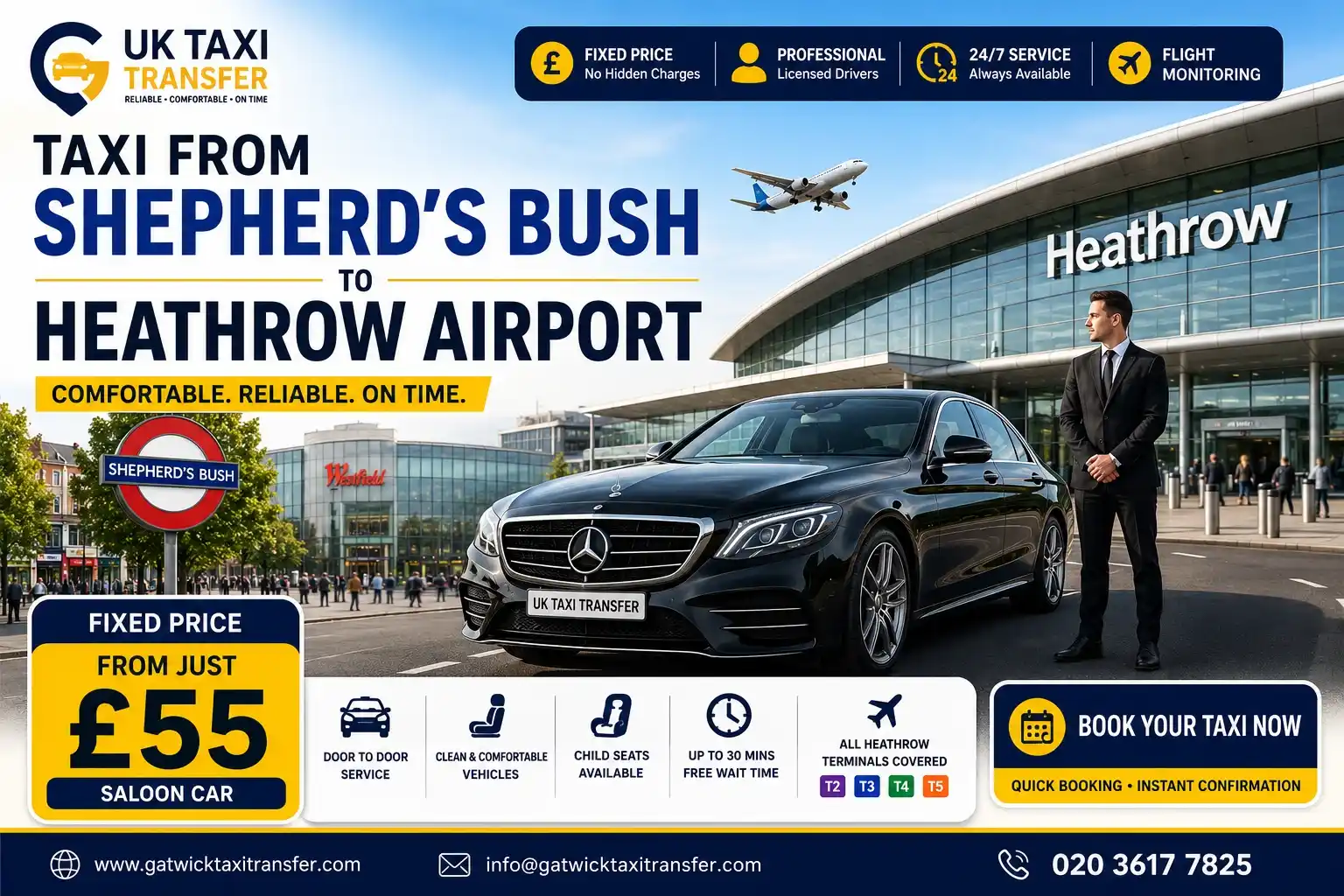 Taxi from Shepherd's Bush to Heathrow from £55 Fixed — Gatwick Taxi Transfer ULEZ-exempt no CCZ Heathrow £7 included