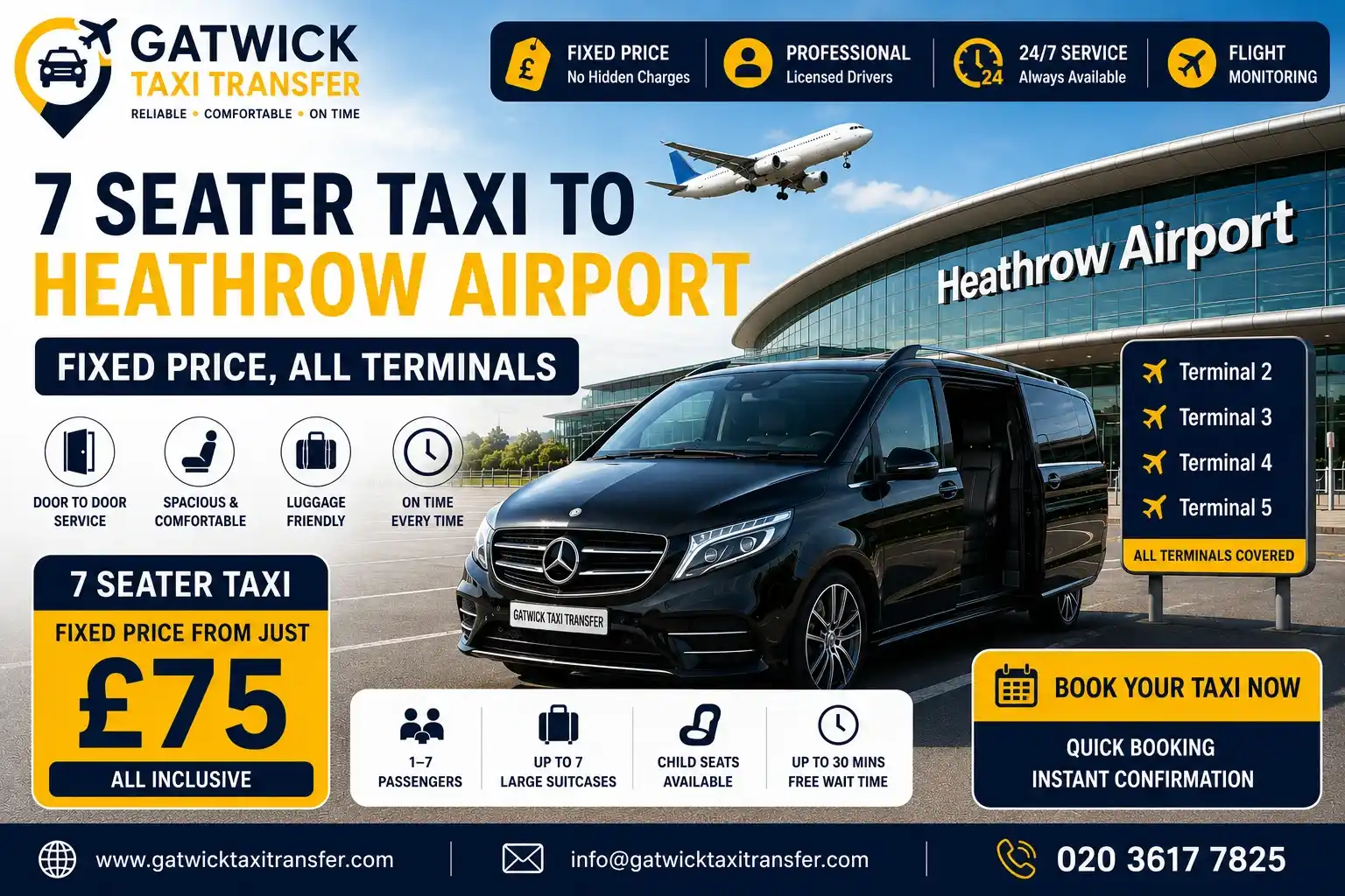 7 Seater Taxi to Heathrow — Fixed Price, £7 Drop-Off Included