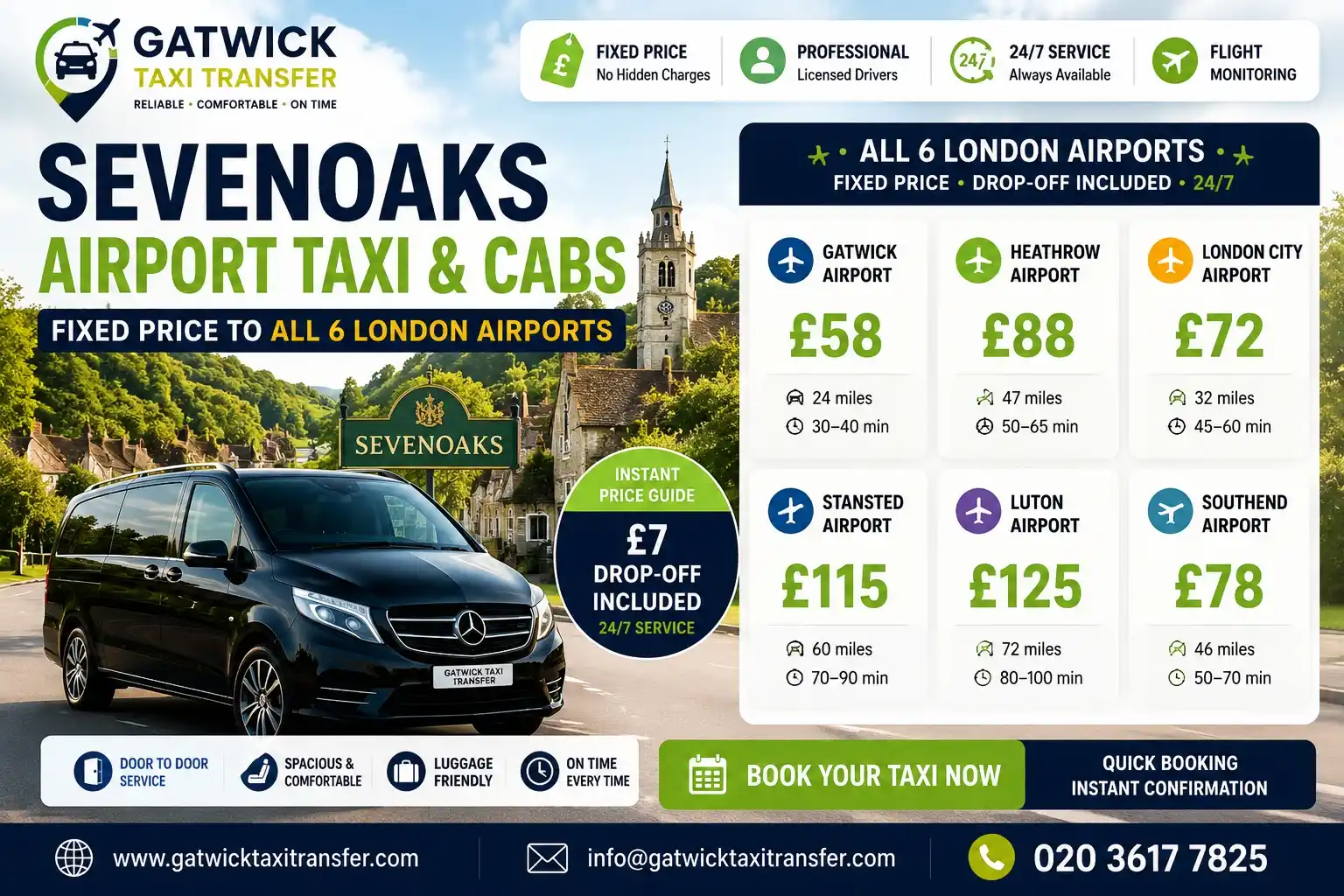 Sevenoaks Airport Taxi — Fixed Price to All 6 London Airports