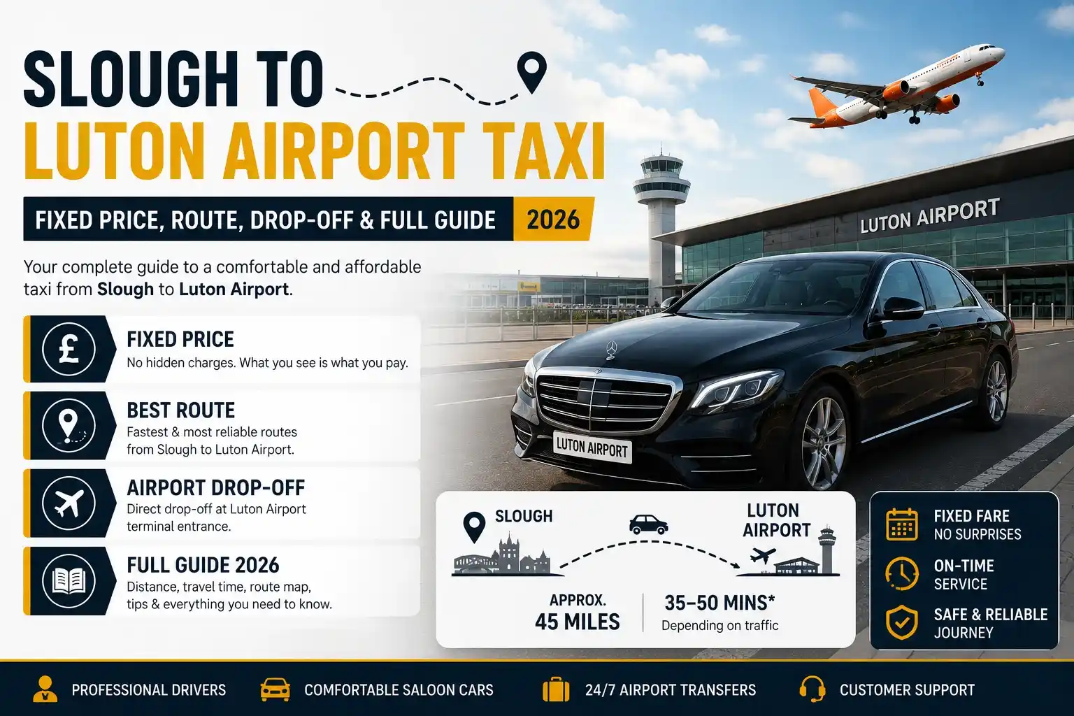 Slough to Luton Airport Taxi — Fixed Price, Route, Drop-Off & Train Guide 2026