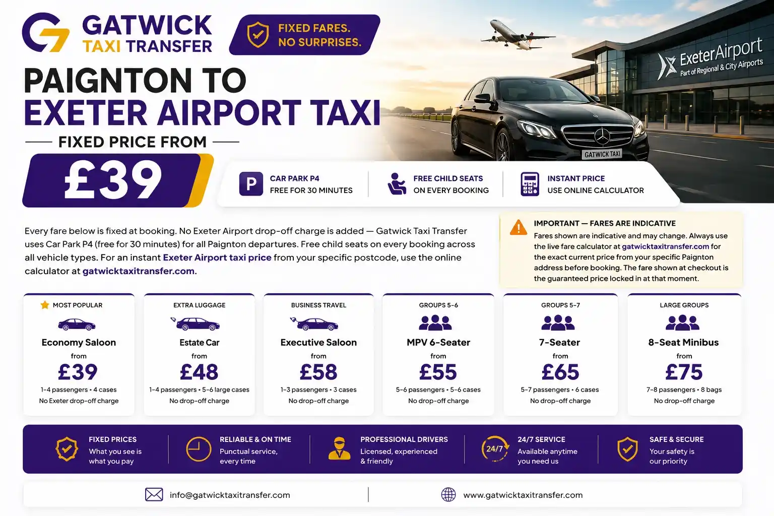 Paignton to Exeter Airport taxi — fixed price from £39, 28 miles via A380/A38, free P4 drop-off, 35–45 min off-peak. Gatwick Taxi Transfer TfL-licensed 24/7.