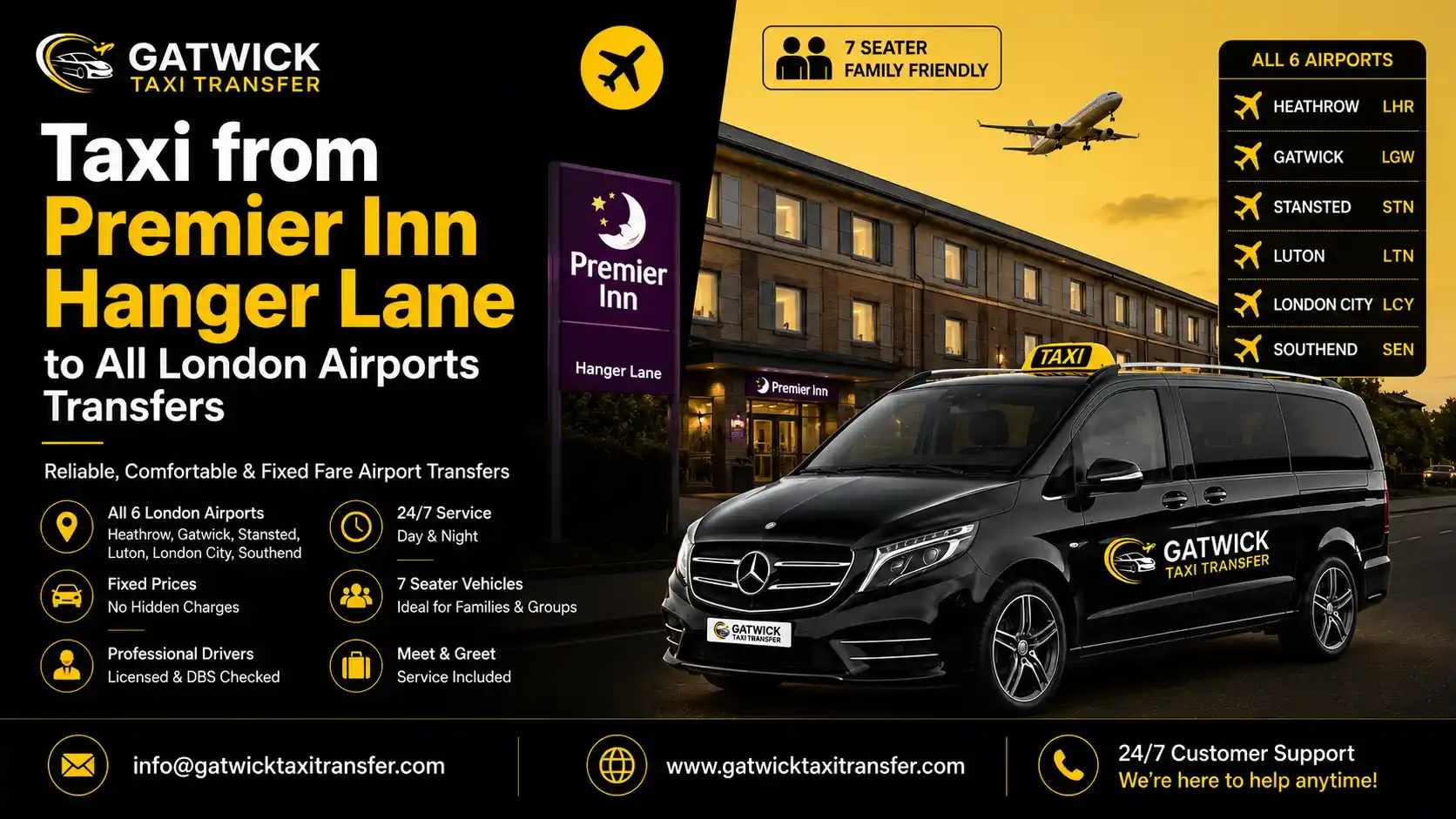Taxi from Premier Inn Hanger Lane to all London airports — Heathrow, Gatwick, Stansted, Luton, London City and Southend compared. Gatwick Taxi Transfer TfL-licensed 24/7.