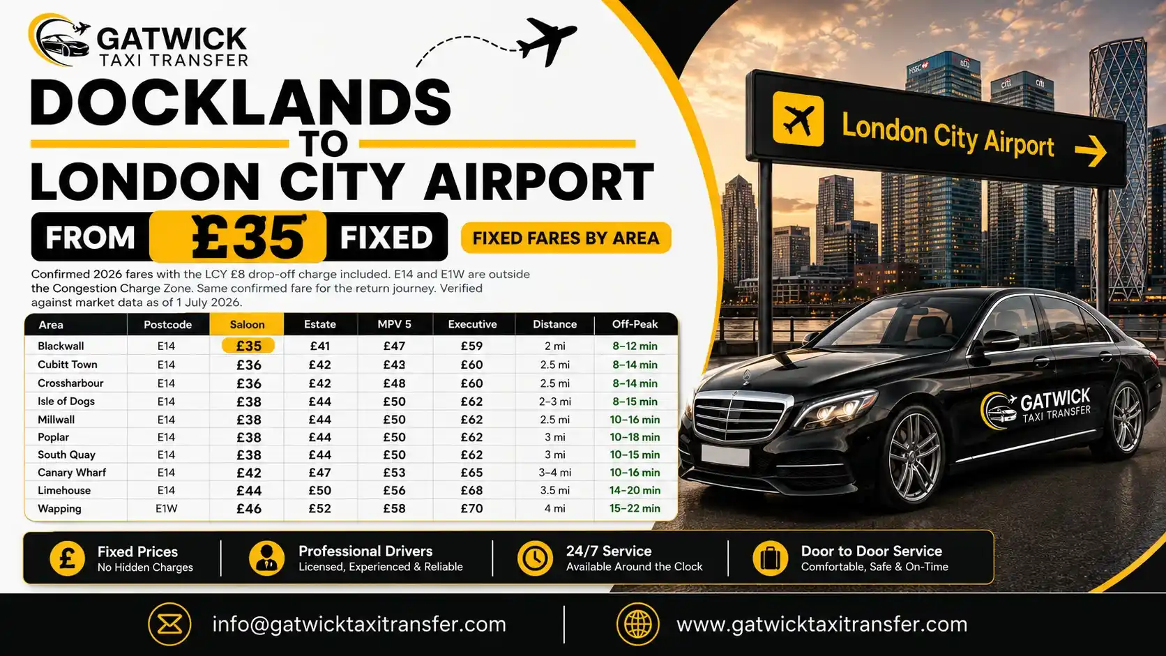 Taxi from Docklands to London City Airport — Canary Wharf, Poplar, Limehouse, Wapping E14, Gatwick Taxi Transfer