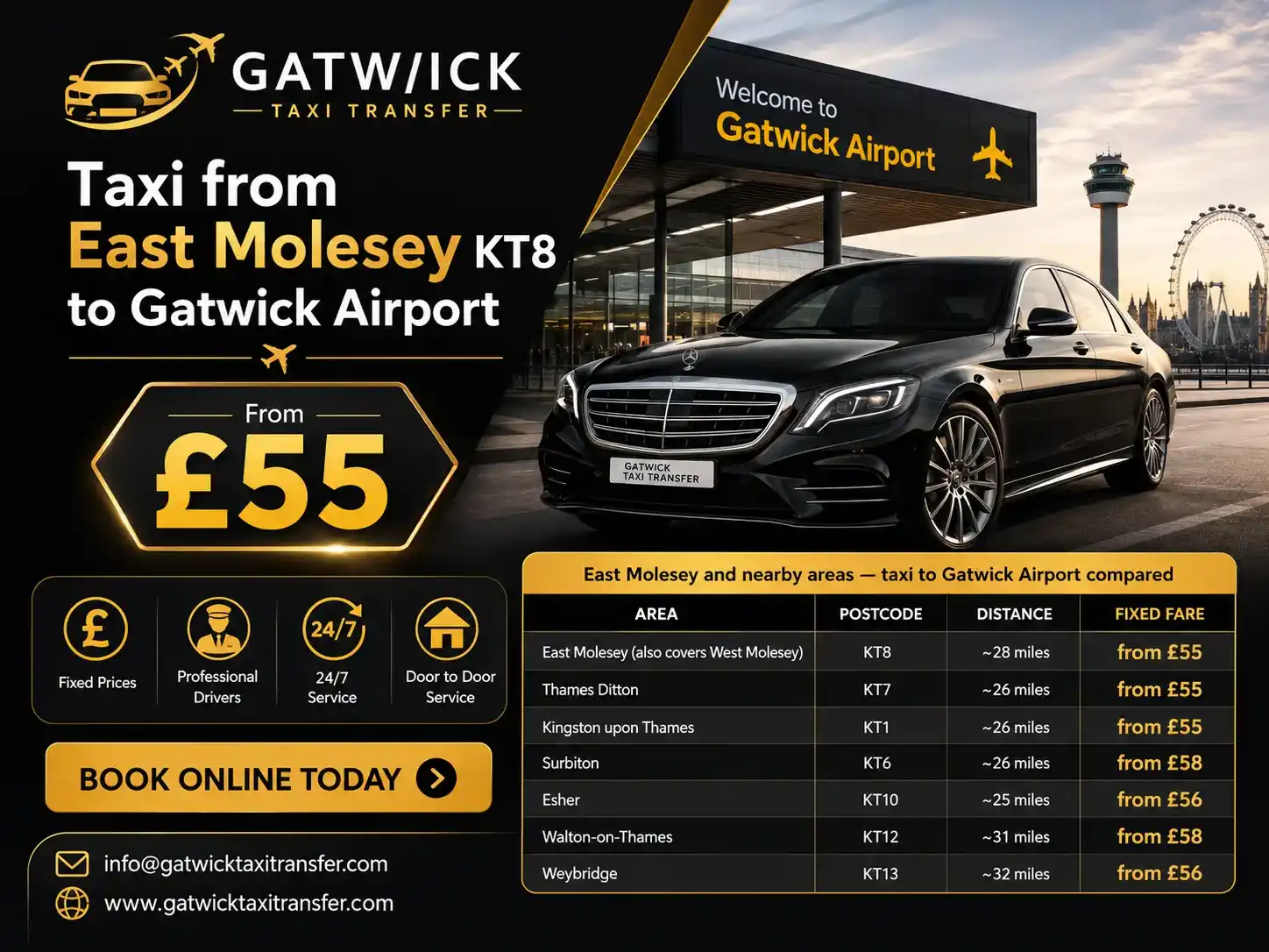 Taxi from East Molesey KT8 to Gatwick Airport — From £55
