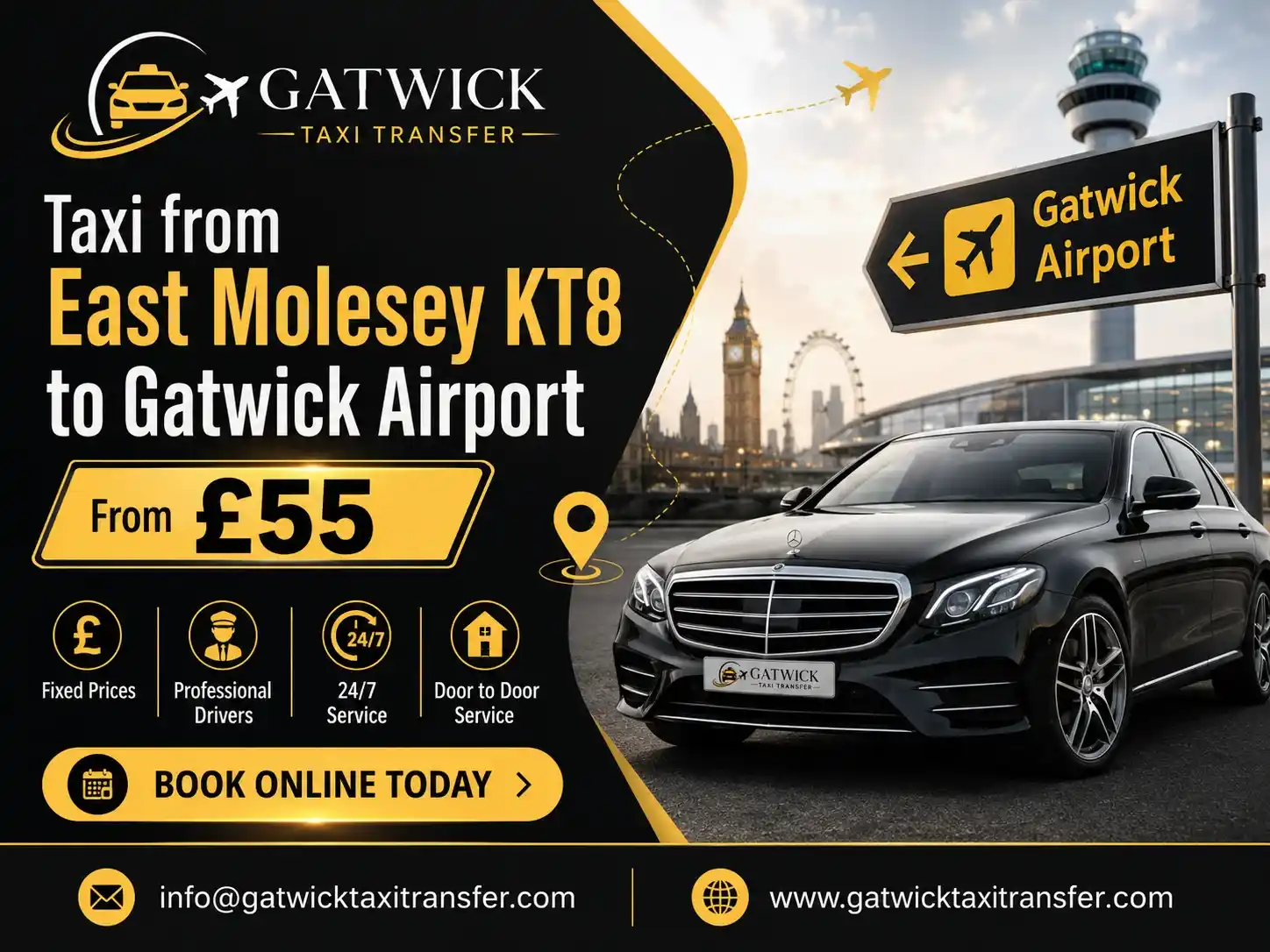 Taxi From East Molesey KT8 to Gatwick Airport | From &pound;55