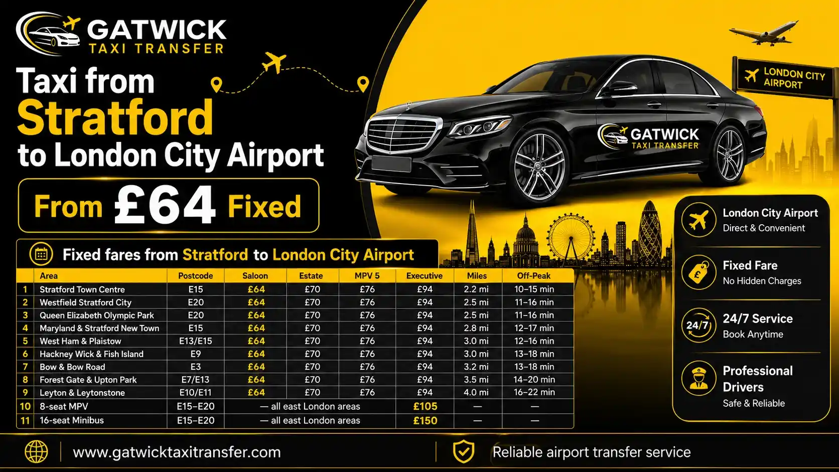 Taxi from Stratford to London City Airport — Gatwick Taxi Transfer SE1 E15 E20 Hackney Wick Bow Forest Gate Leyton fixed price private hire
