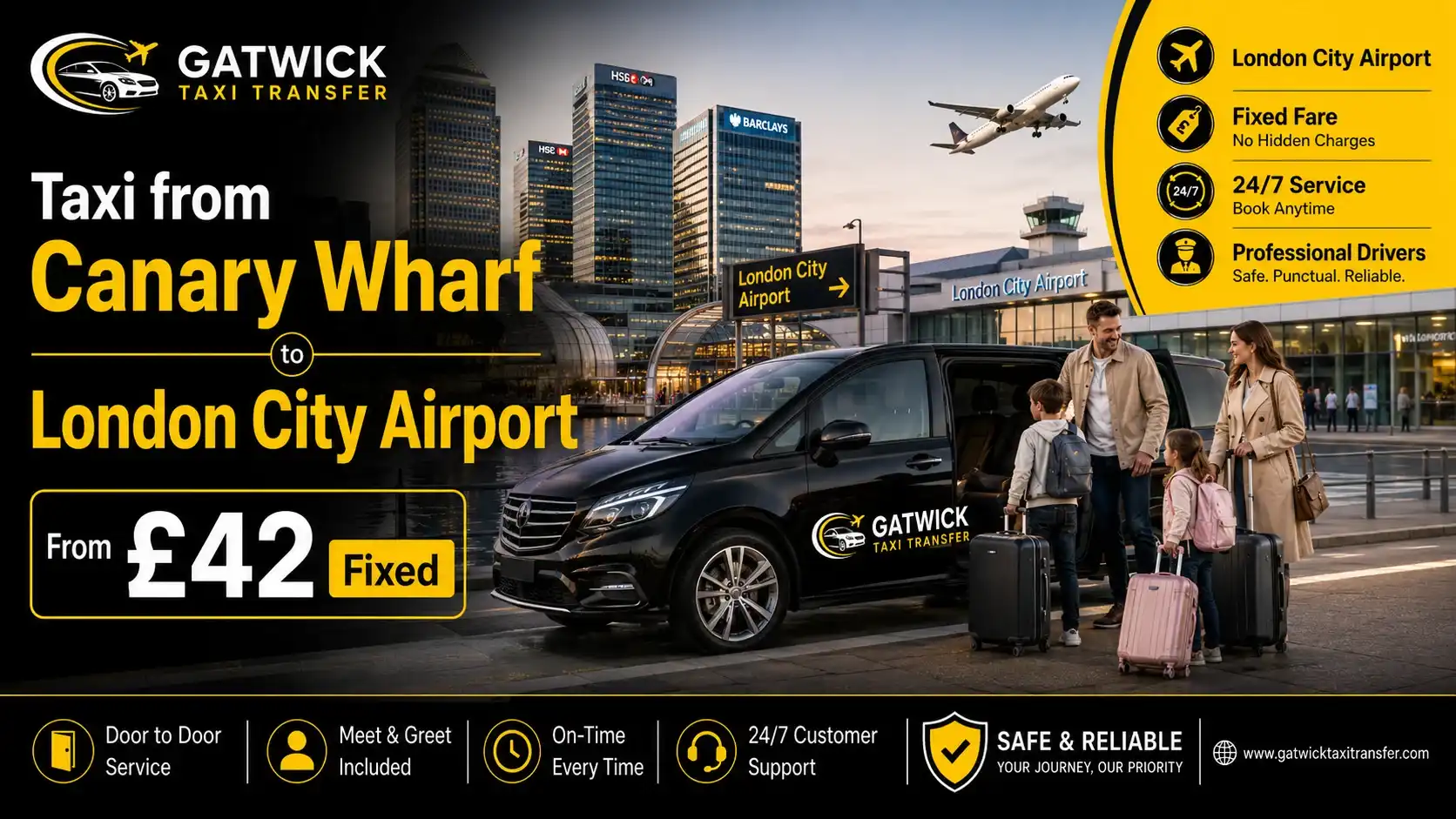 Taxi from Canary Wharf to London City Airport — fixed price from £42, E14 Canary Wharf Isle of Dogs Poplar Limehouse Wapping Surrey Quays, Gatwick Taxi Transfer 2026