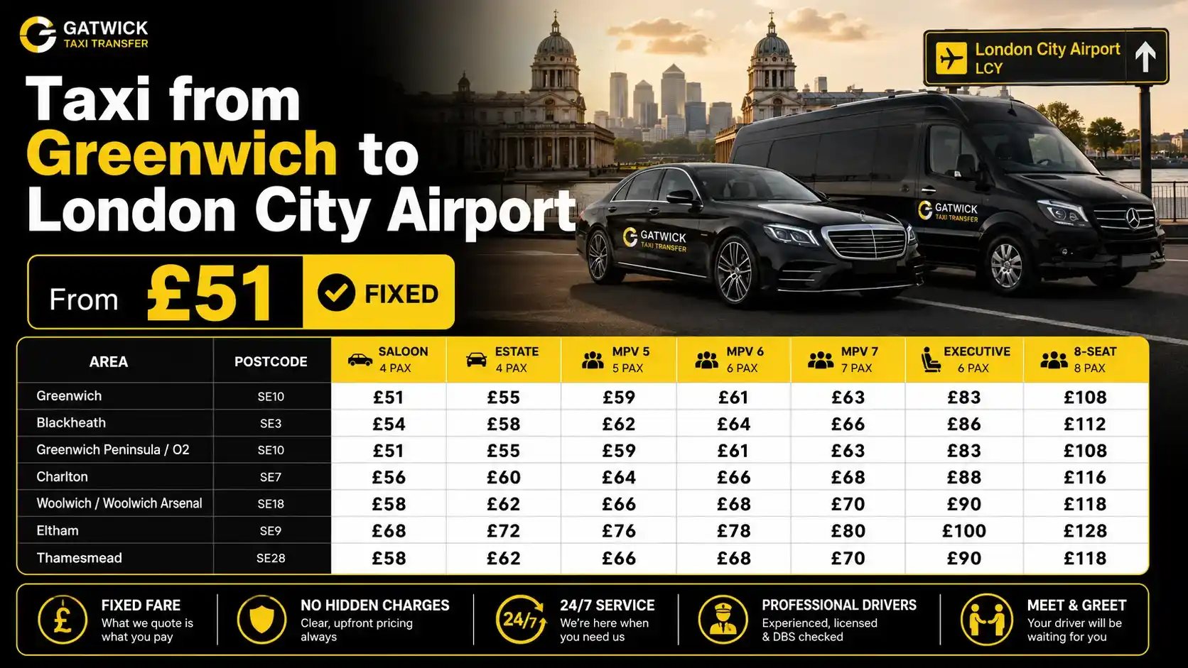 Taxi from Blackheath SE3 to London City Airport — Gatwick Taxi Transfer, fixed price taxi SE3 to LCY, TfL licensed