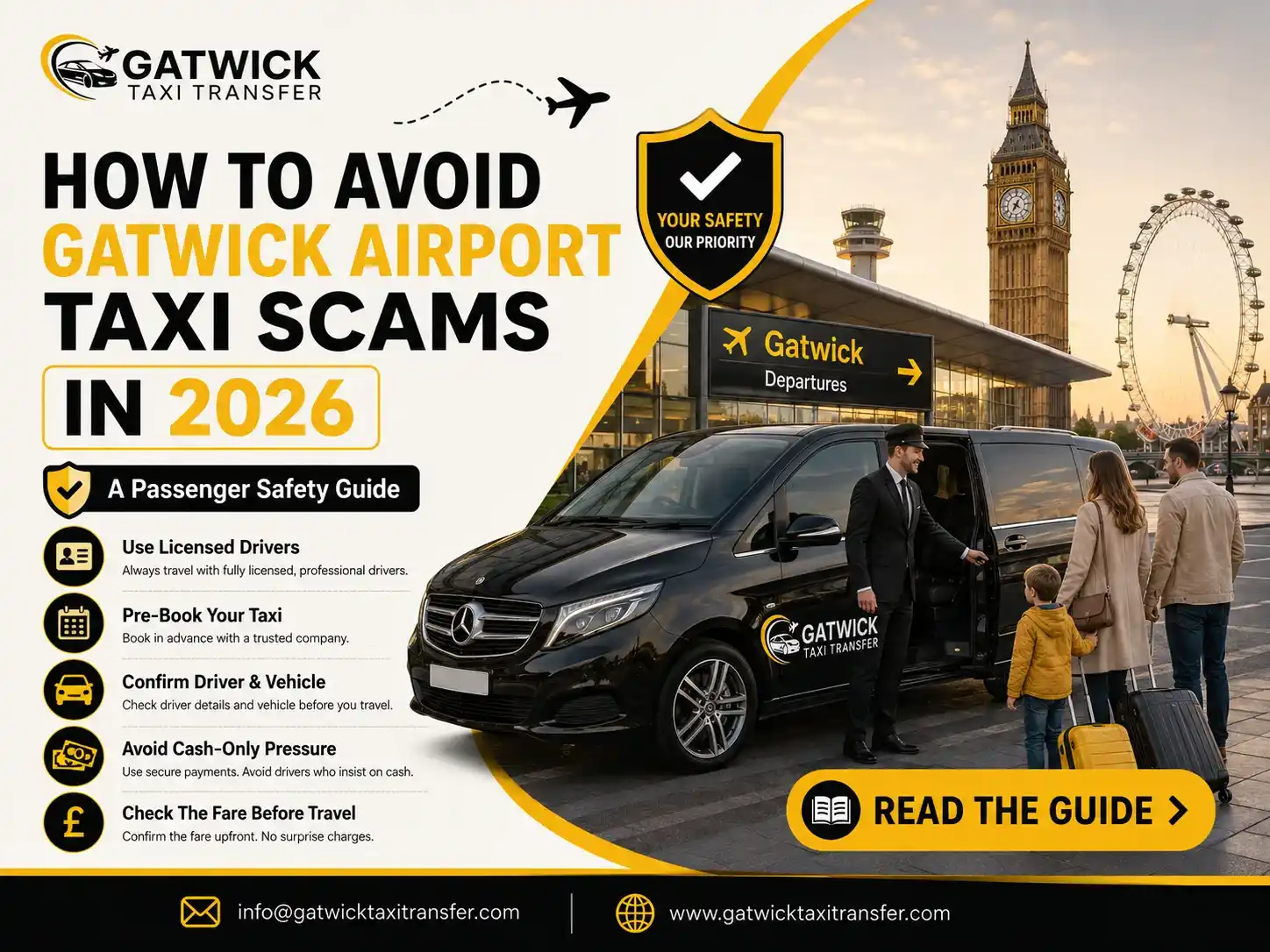 How to avoid Gatwick Airport taxi scams — passenger safety guide for verifying licensed drivers and reporting incidents. Gatwick Taxi Transfer TfL-licensed.