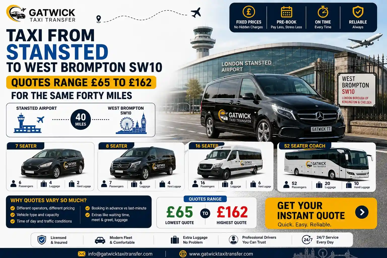 Taxi Stansted to West Brompton SW10: Prices Compared