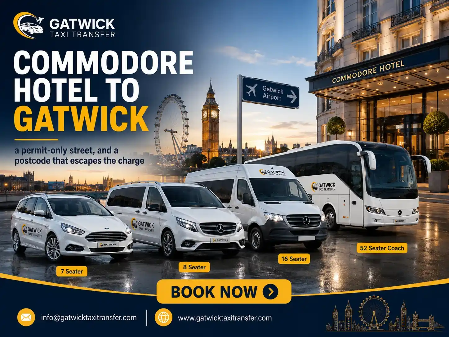 Taxi Commodore Hotel to Gatwick: W2 Fares Compared 2026