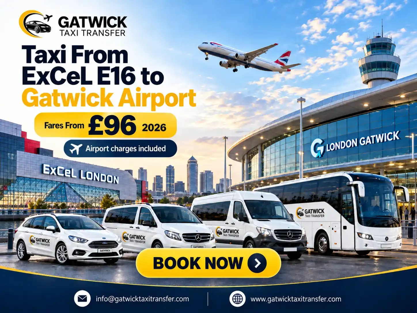 Taxi From ExceL E16 to Gatwick Airport: Fares From &pound;96