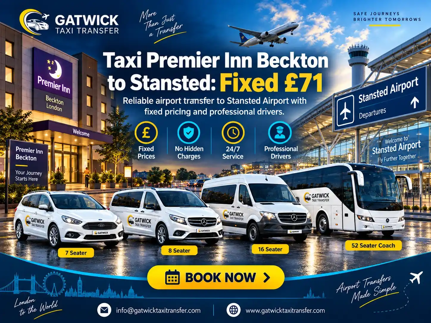 Taxi Premier Inn Beckton to Stansted Airport |  Fixed £71