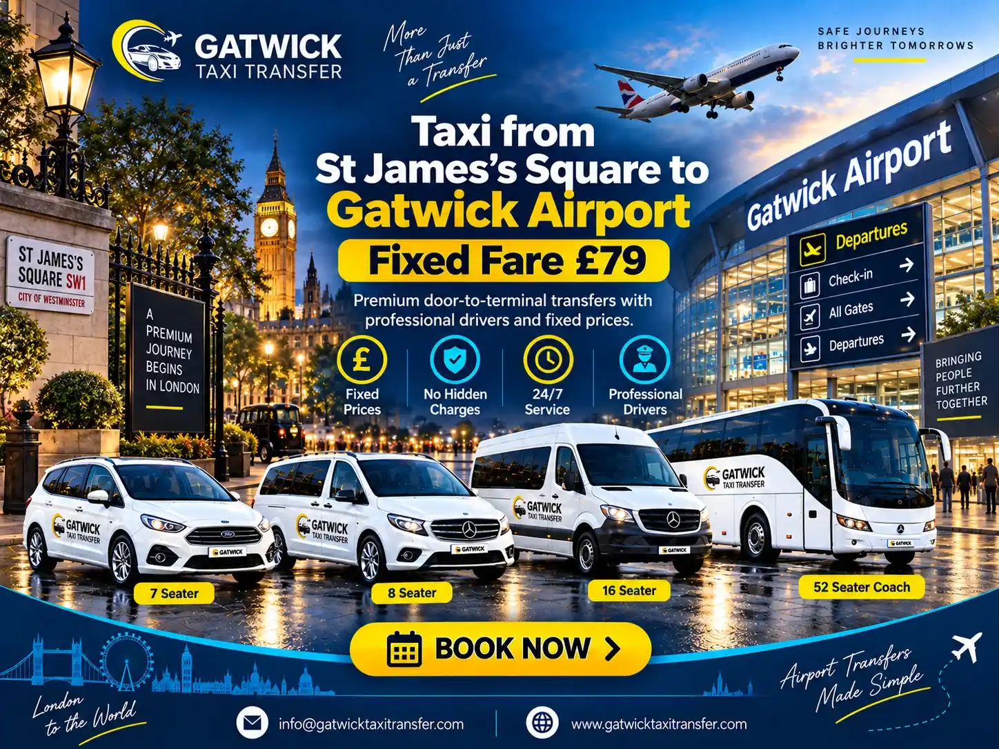 Taxi from St James’s Square, SW1Y, to Gatwick Airport at a fixed fare of £79, with every vehicle class priced and the £18 zone hours shown