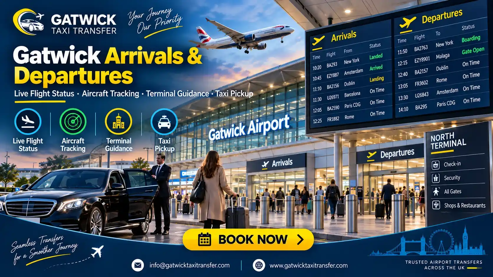 Gatwick Airport live arrivals and departures flight tracker and taxi transfer guide