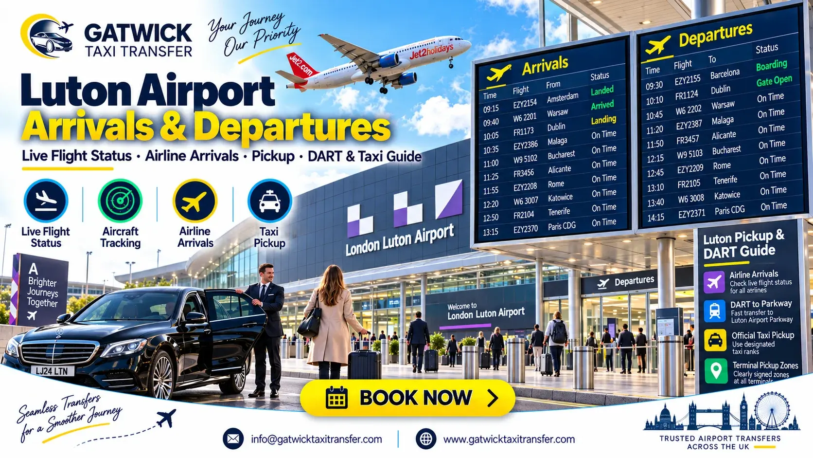 London Luton Airport arrivals and departures live flight tracker with Luton Airport taxi travel guidance