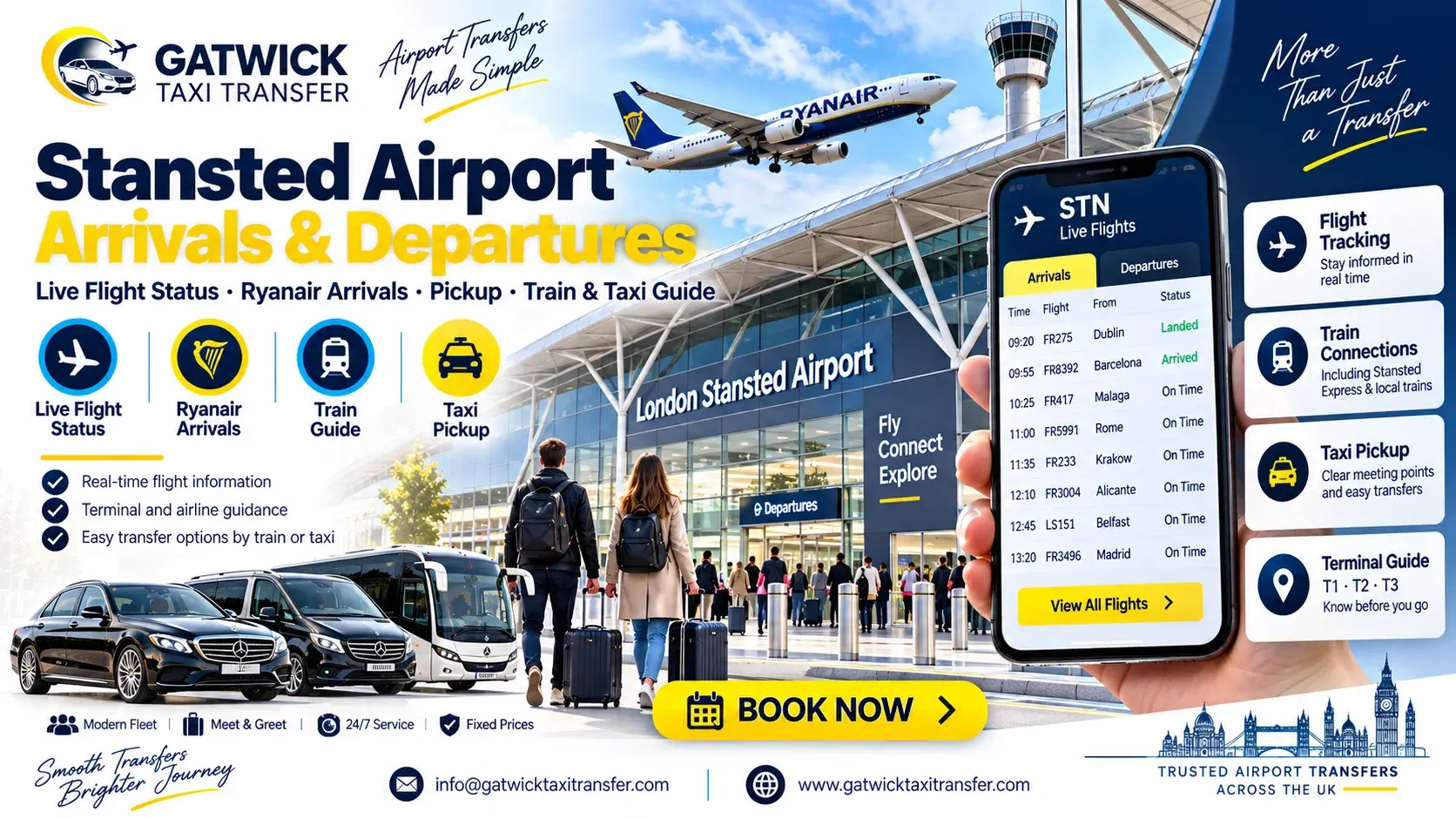 London Stansted Airport arrivals and departures live flight tracker with Ryanair arrivals and airport taxi pickup guidance