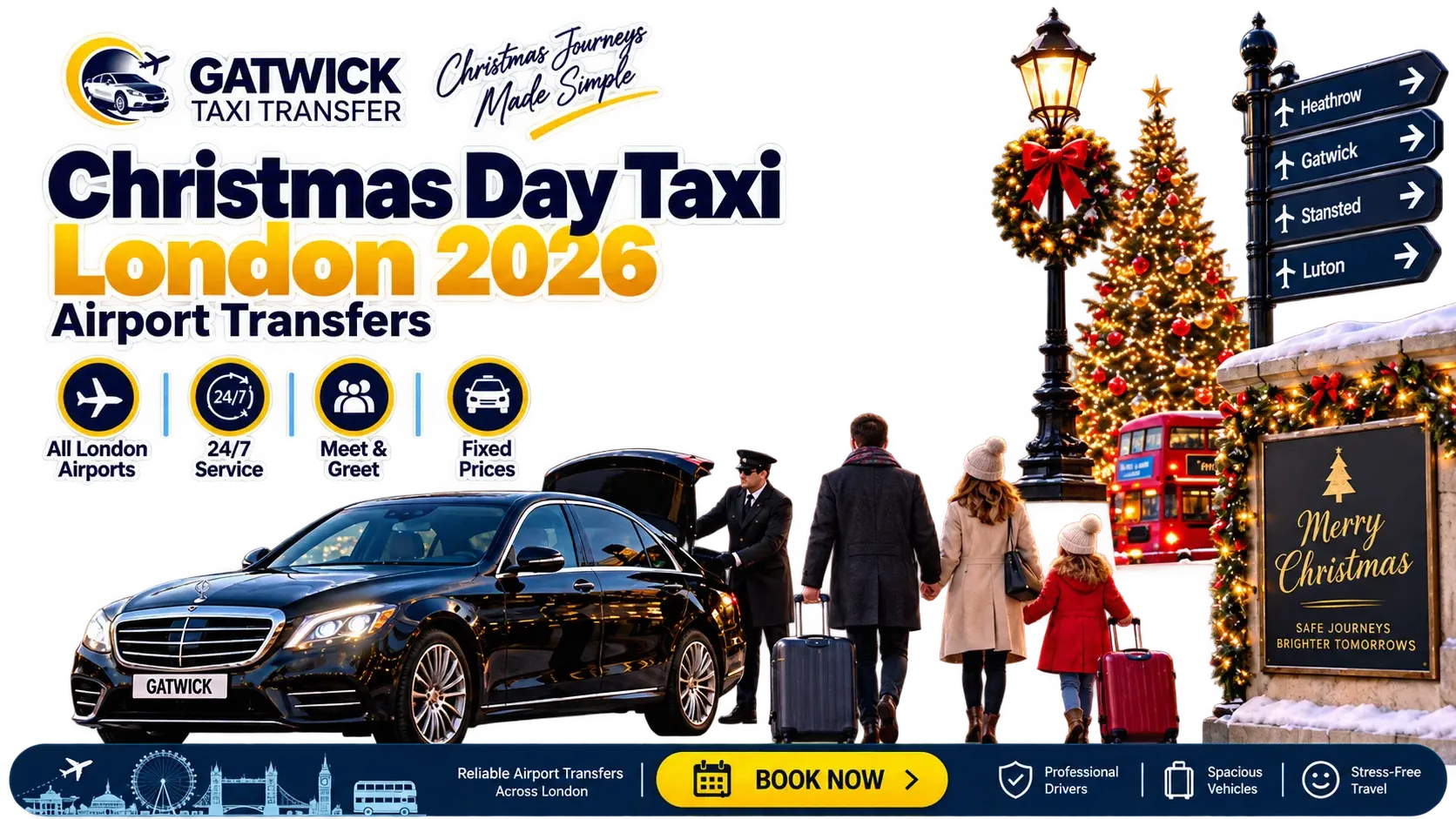 Christmas Day Taxi and Transport Guide London 2026 for airport transfers across Heathrow, Gatwick, Stansted, Luton and London City