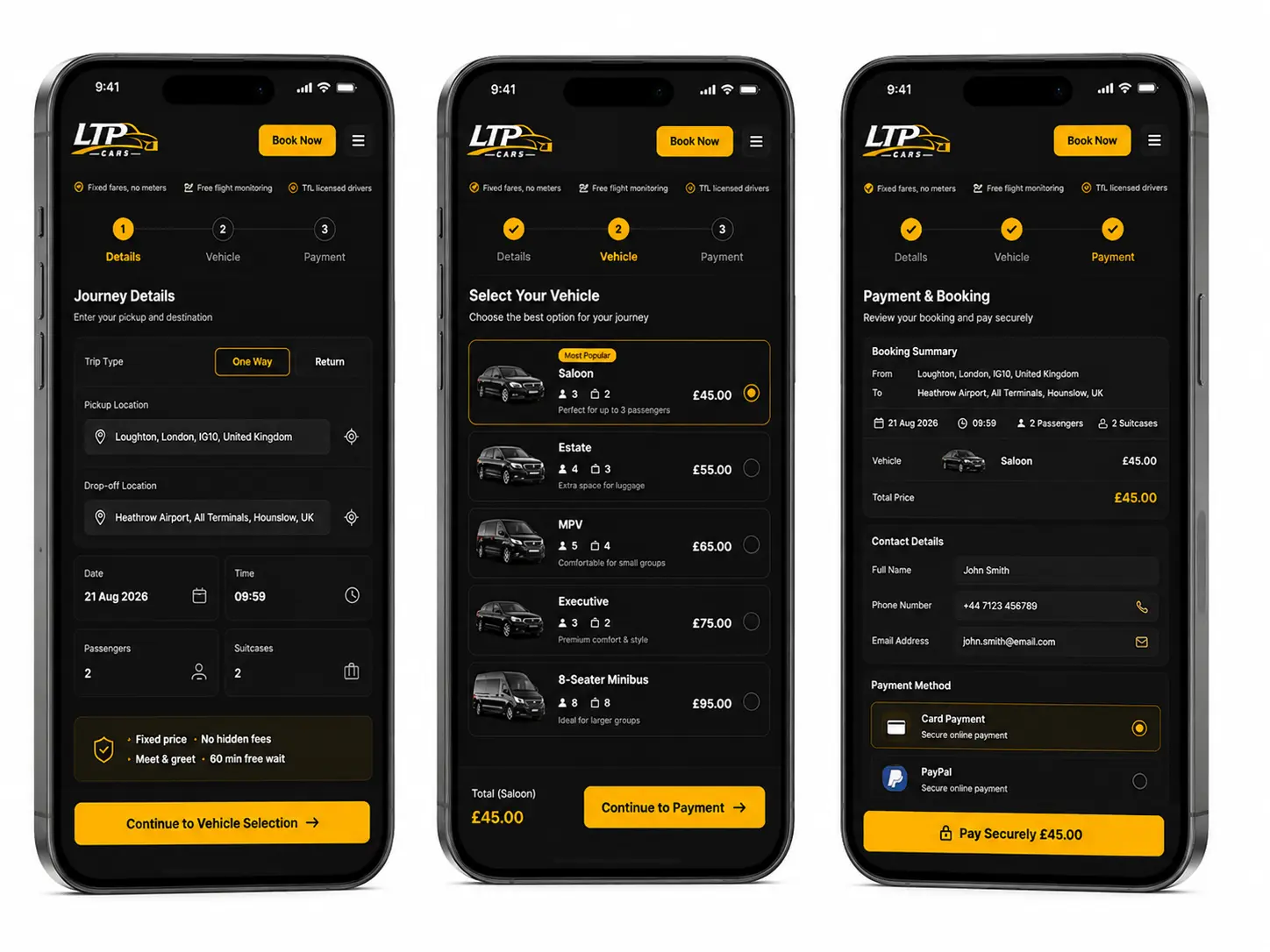 LTP Cars online booking screens showing vehicle choice and fixed fares