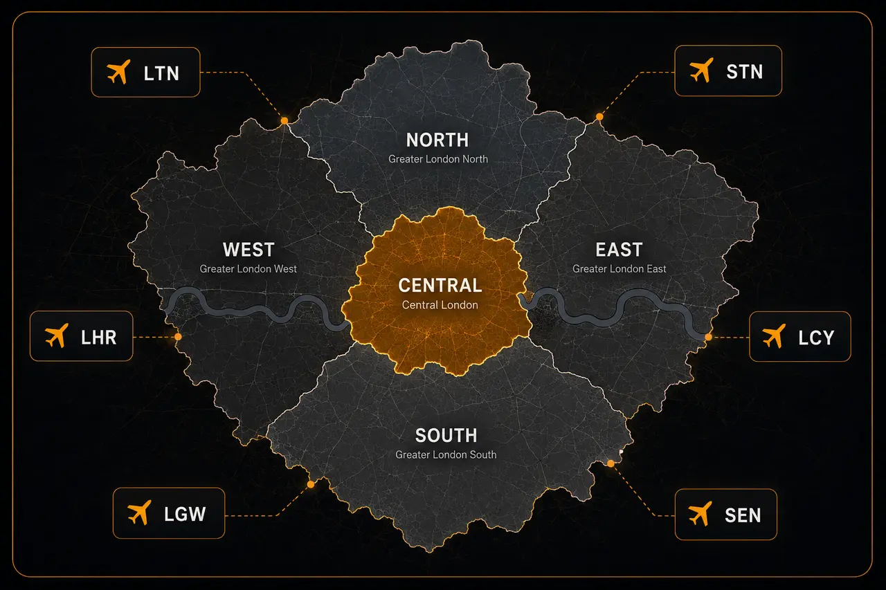 Map of LTP Cars coverage across Central, North, South, East and West London with links to the six London airports