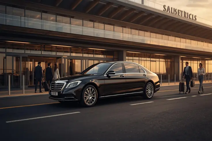 Taxi in Buxton town centre with Georgian architecture and hills in background