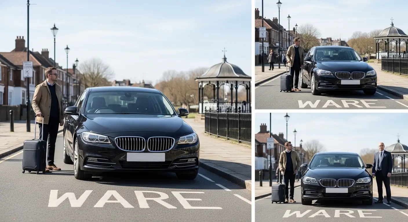 UK A-road corridor — Ware to Stansted Airport door-to-terminal taxi via A10, A414 and A120, Stansted Airport Taxi pre-booked fixed-fare service from £40 saloon covering all SG12 postcodes
