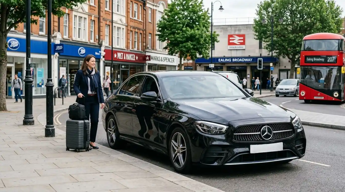 London street with Elizabeth Line and West London traffic — Ealing taxi service area