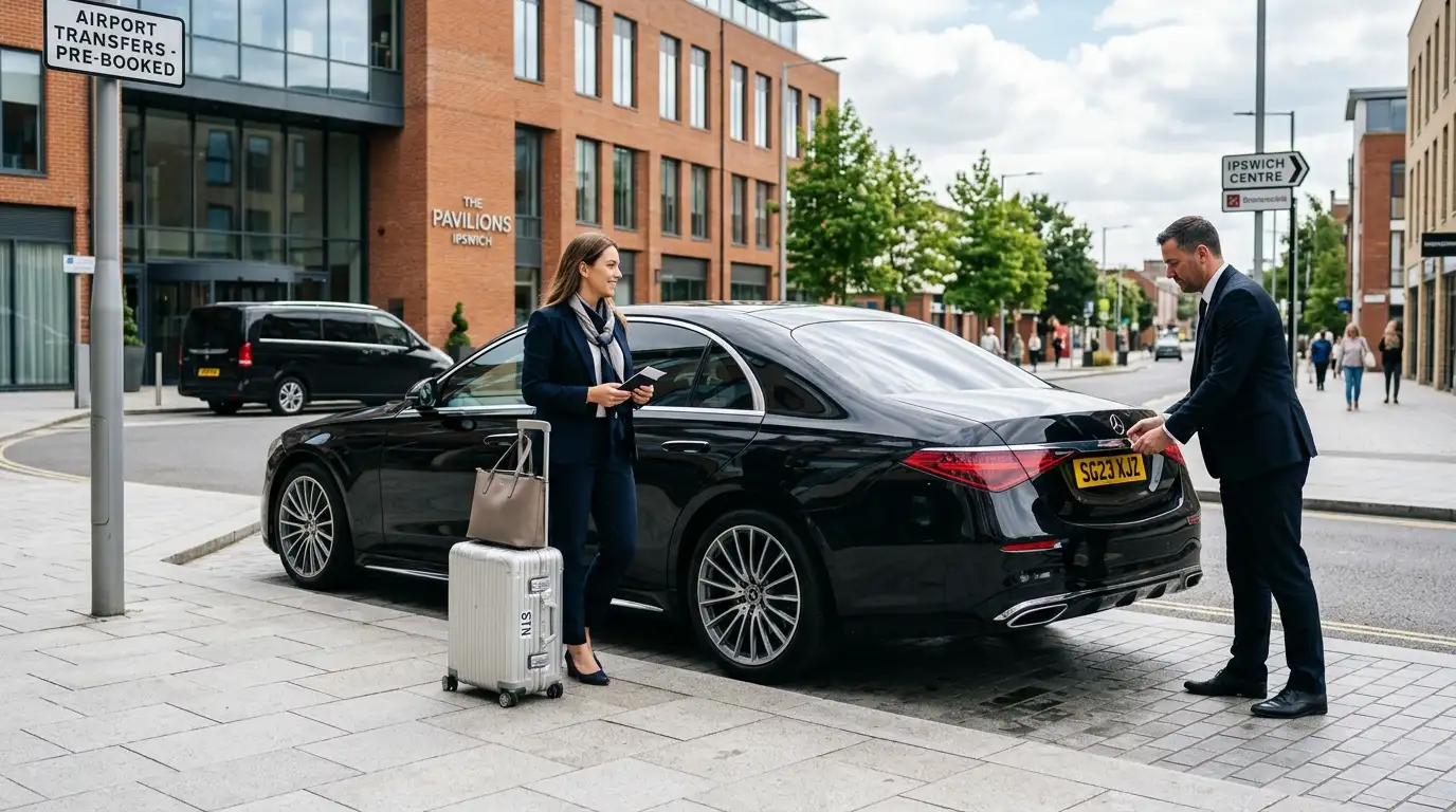 Stansted Airport Taxi vehicle for Ipswich to Stansted Airport A14/M11 fixed-fare transfers covering all IP postcodes