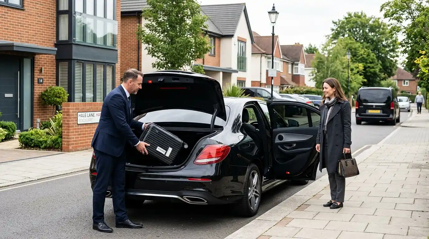 Stansted Airport Taxi saloon for Edgware to Stansted Airport door-to-door M25/M11 fixed-fare transfers covering HA8