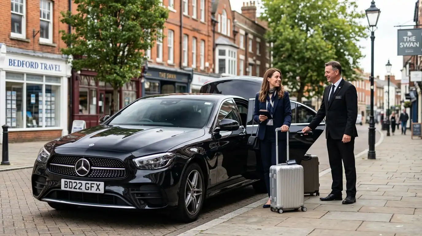 Stansted Airport Taxi saloon for Bedford to Stansted Airport mid-distance fixed-fare transfers via the A1, A14 and M11 covering MK postcodes