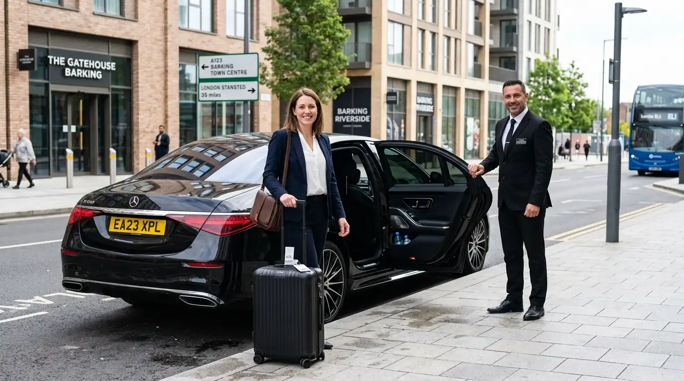 Stansted Airport Taxi saloon for Barking to Stansted Airport door-to-door fixed-fare transfers via the A406 and M11 covering the IG11 postcode in East London