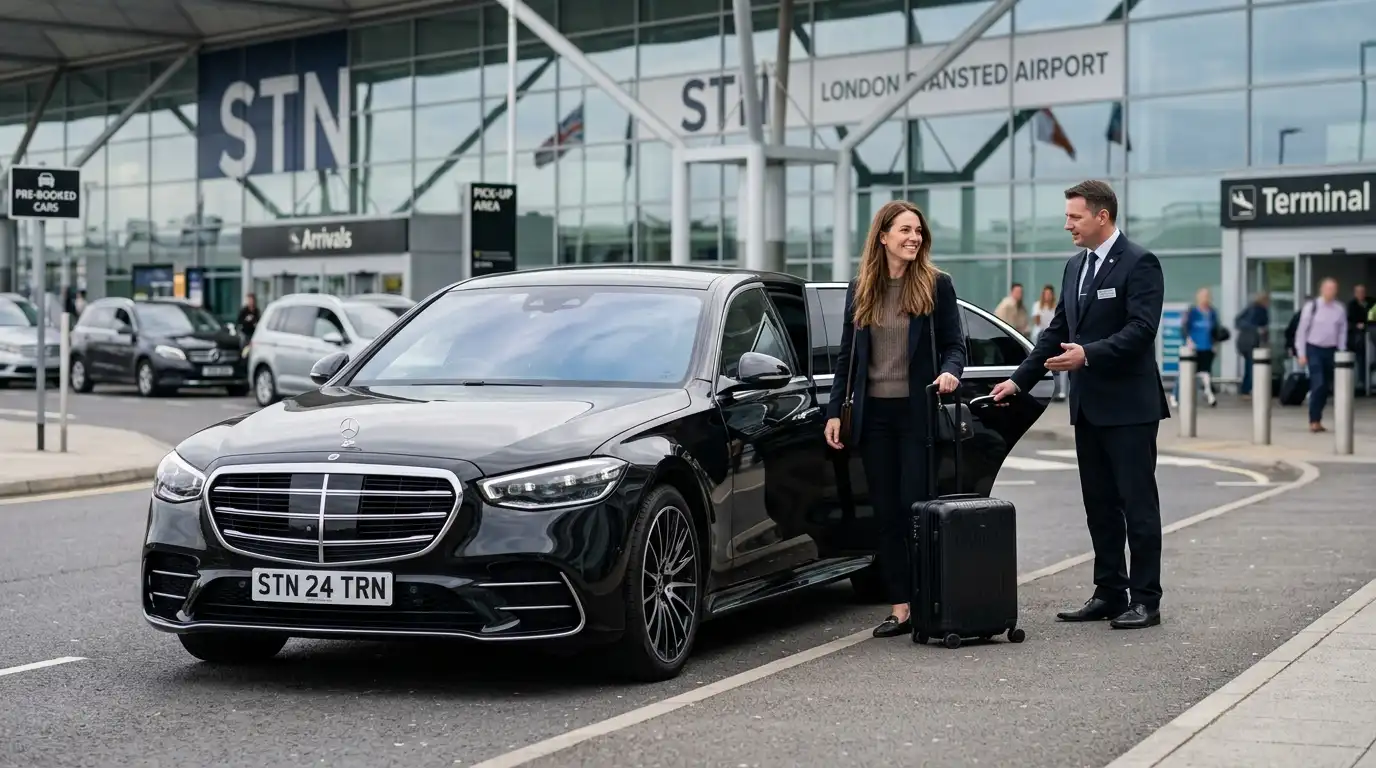 Stansted Airport Taxi fleet vehicle for the Stansted to Gatwick inter-airport transfer via the M11, M25 and M23