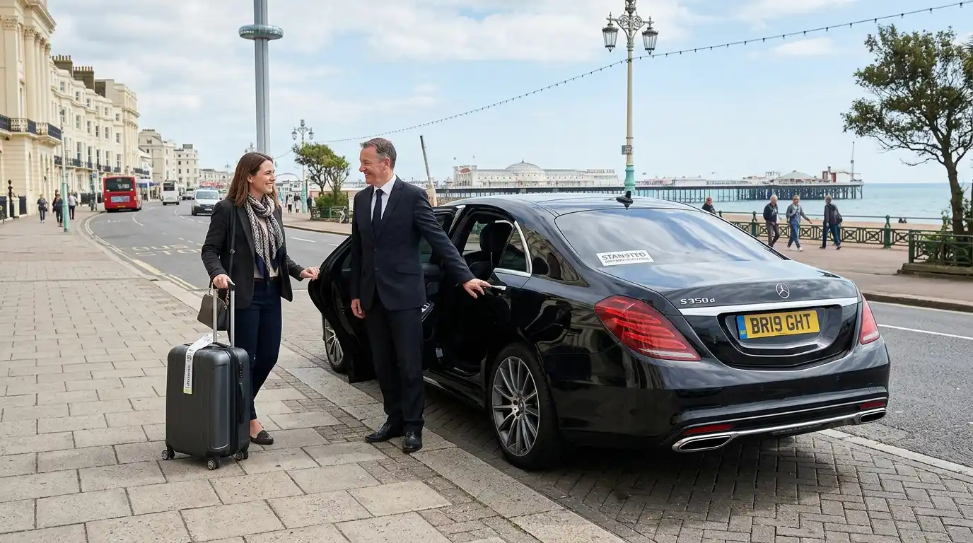 Stansted Airport Taxi saloon for Brighton to Stansted Airport long-distance fixed-fare transfers via the A23, M23, M25 and M11 covering BN postcodes on the south coast