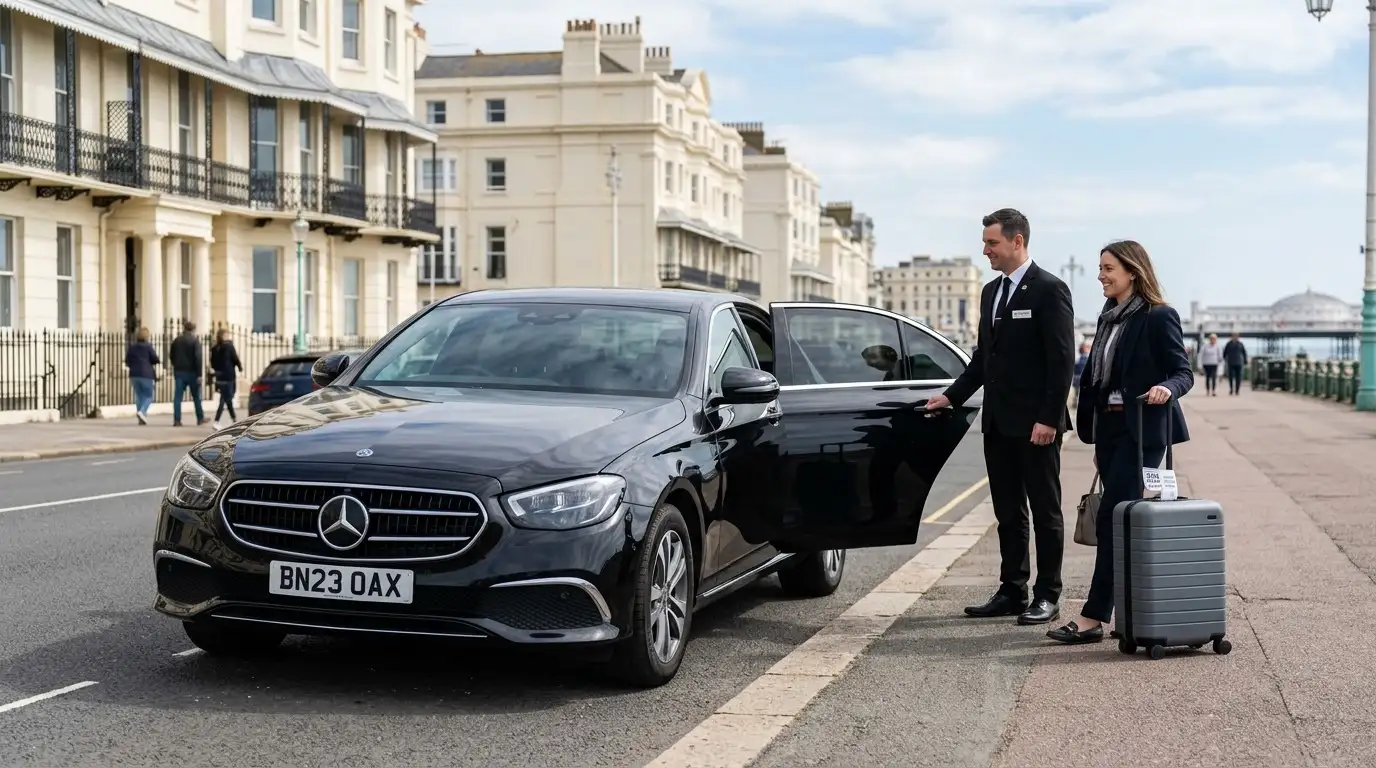 Stansted Airport Taxi fleet vehicle for Brighton to Stansted Airport long-distance transfers via the A23, M23, M25 and M11