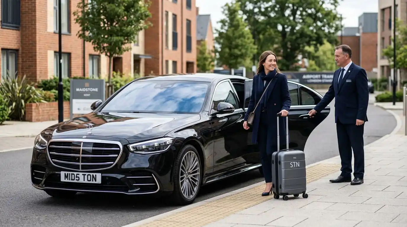 Stansted Airport Taxi saloon for Maidstone to Stansted Airport medium-distance fixed-fare transfers via the M20, M25 and M11 with the Stansted drop-off charge included, covering ME postcodes in mid-Kent