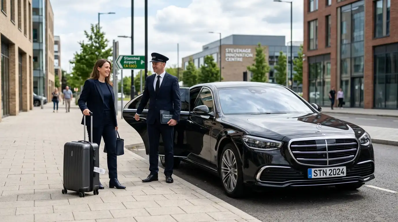 Stansted Airport Taxi saloon for Stevenage to Stansted Airport fixed-fare close-origin transfers via the A602, A10 and A120 with the Stansted drop-off charge included, covering SG postcodes in Hertfordshire