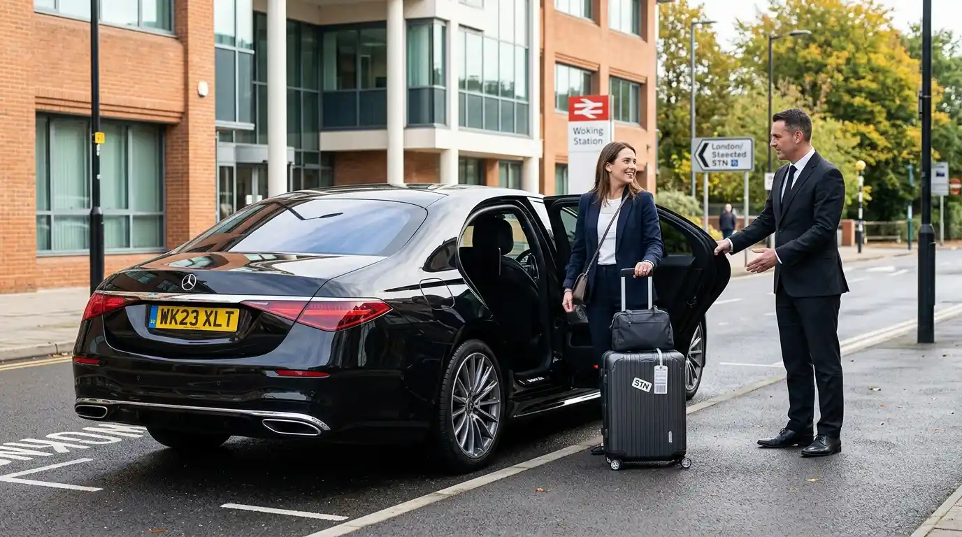 Stansted Airport Taxi saloon for Woking to Stansted Airport fixed-fare transfers via the M25 and M11 with no peak surcharge, covering GU21 and GU22 in Surrey