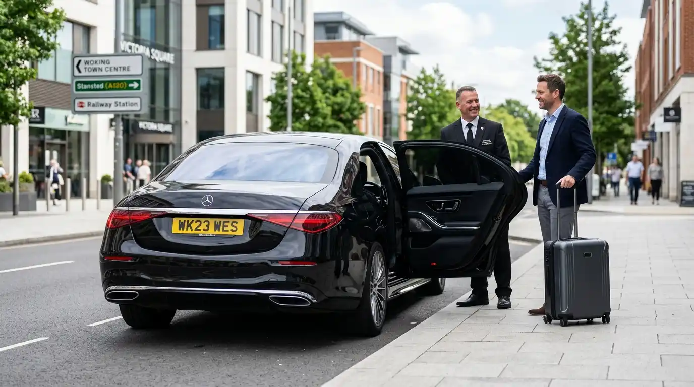 Stansted Airport Taxi fleet vehicle for Woking to Stansted Airport transfers via the M25 and M11