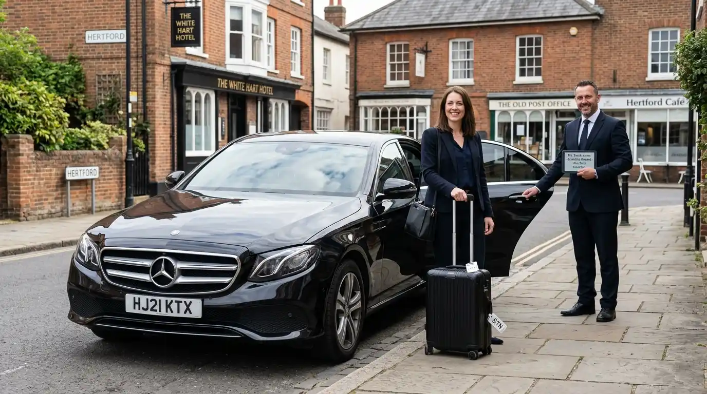 Stansted Airport Taxi saloon for Hertford to Stansted Airport fixed-fare 24/7 transfers via the A120 covering SG13 and SG14 in the Hertfordshire county town