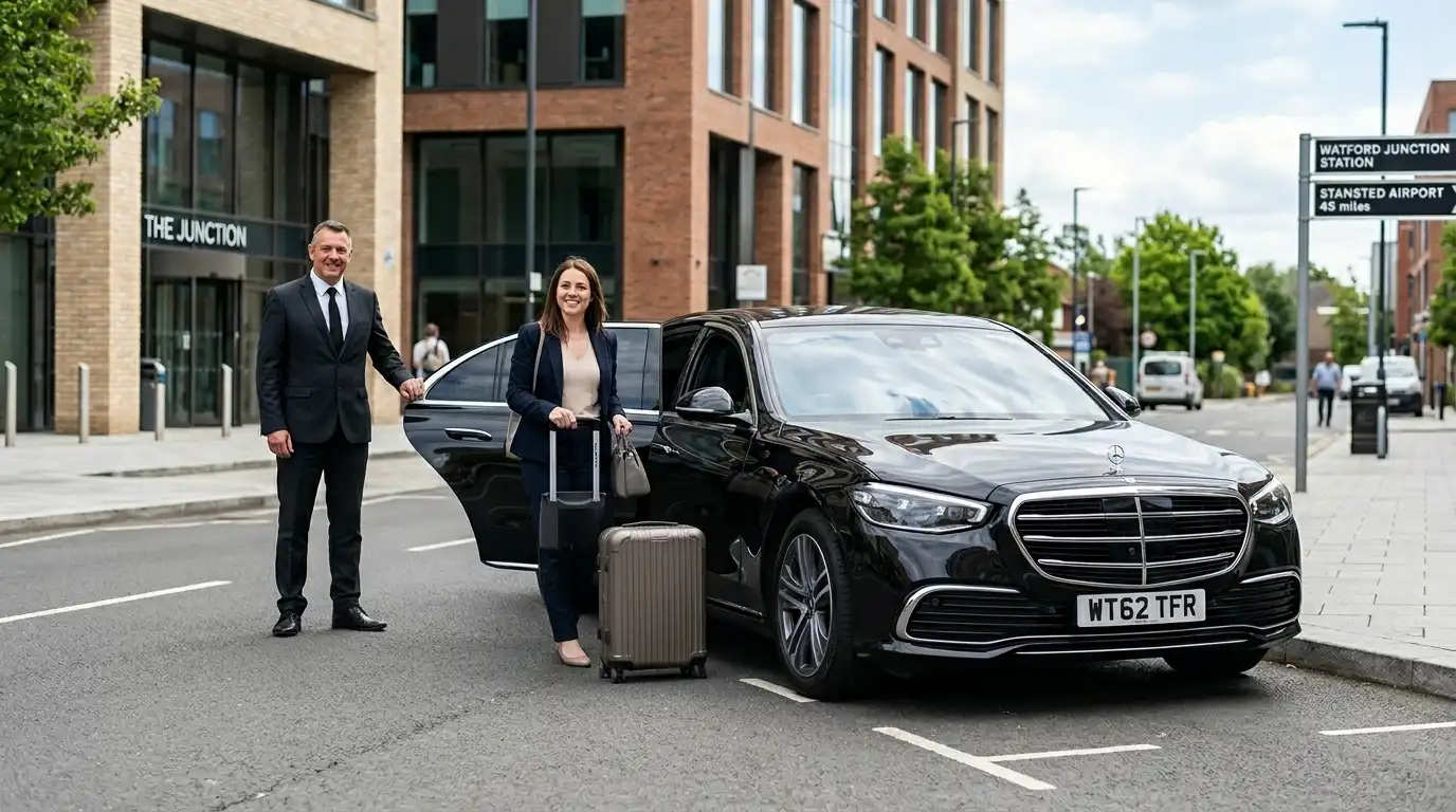 Stansted Airport Taxi saloon for Watford to Stansted Airport fixed-fare transfers in both directions via the M25 and M11, covering WD postcodes in West Hertfordshire