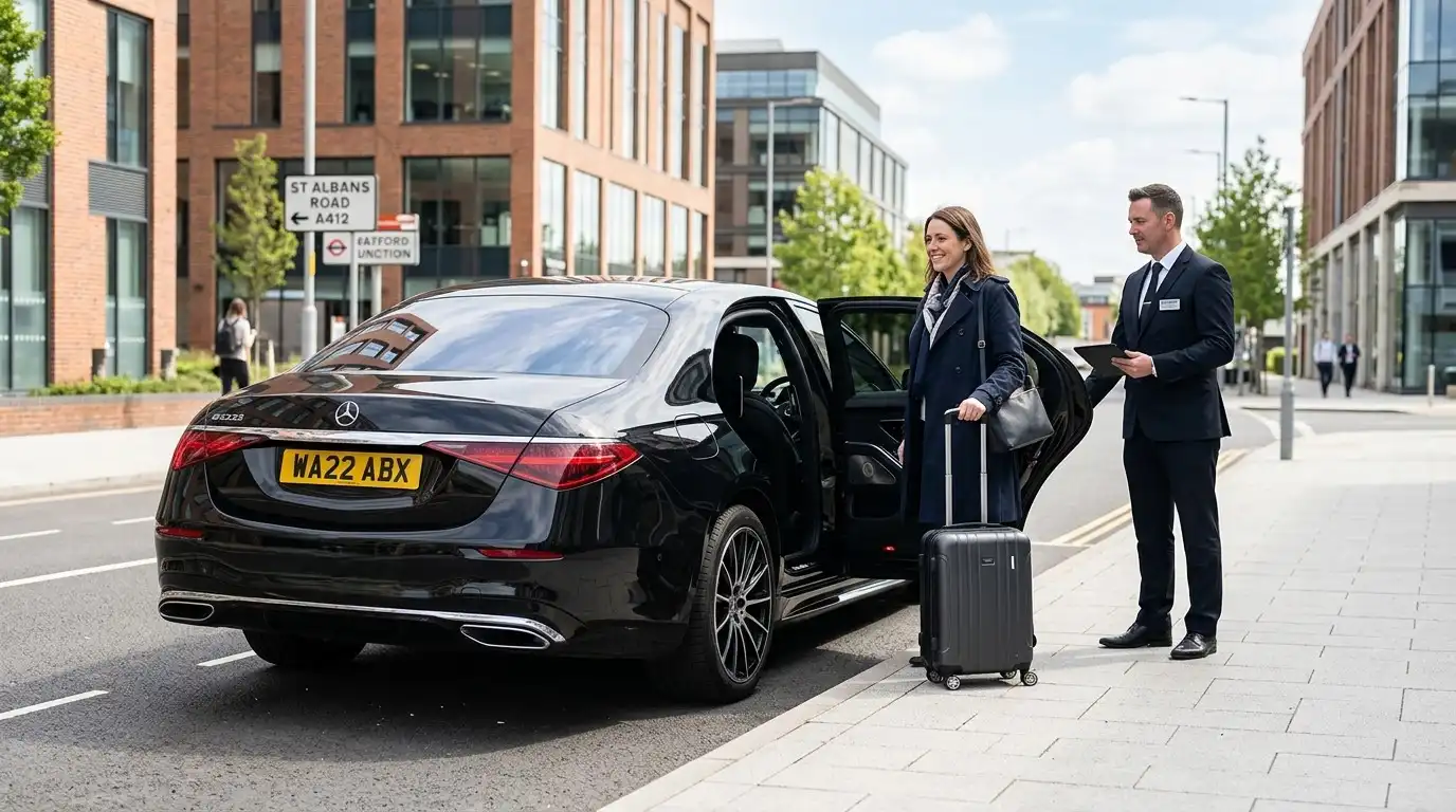 Stansted Airport Taxi fleet vehicle for Watford to Stansted Airport transfers via the M25 and M11