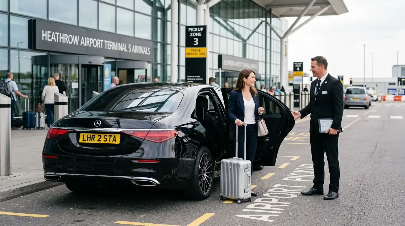 Stansted Airport Taxi saloon for Heathrow to Stansted airport-to-airport fixed-fare transfers via the M25, serving all Heathrow terminals
