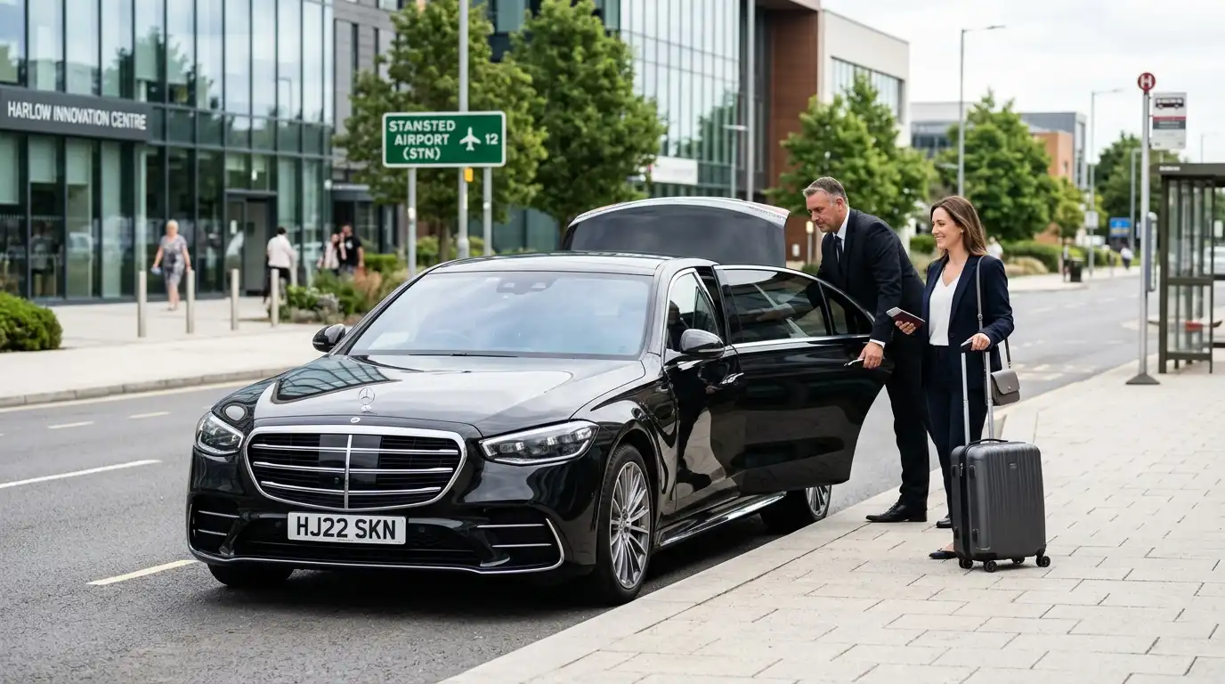 Stansted Airport Taxi saloon for the short Harlow to Stansted Airport fixed-fare run up the M11, covering CM postcodes across the West Essex new town