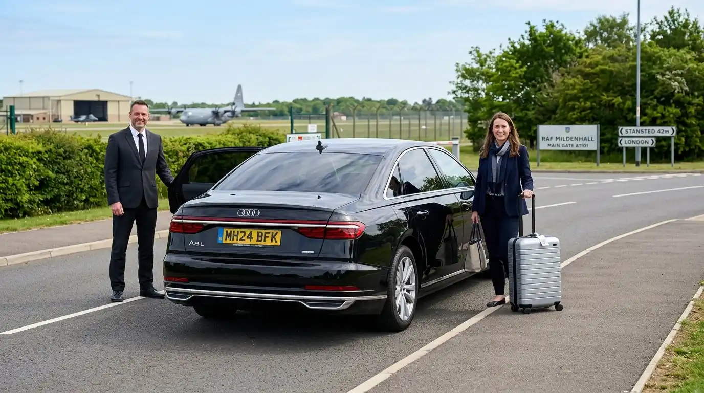 Stansted Airport Taxi vehicle for RAF Mildenhall and RAF Lakenheath personnel and families, fixed-fare transfers to Stansted Airport via the A11 and M11