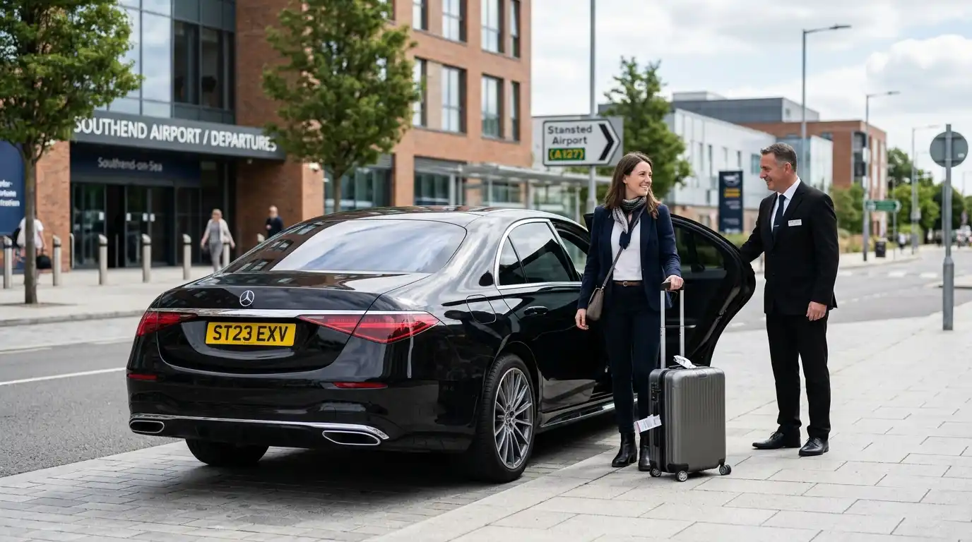 Stansted Airport Taxi fleet vehicle for Southend to Stansted Airport transfers via the A127 and A120