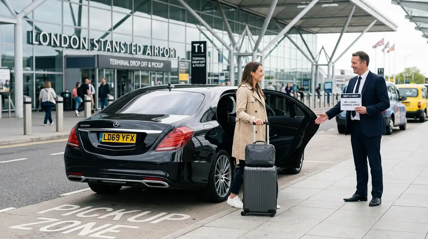 Stansted Airport Taxi saloon for fixed-fare Stansted Airport to London Liverpool Street transfers in both directions via the M11 and the City